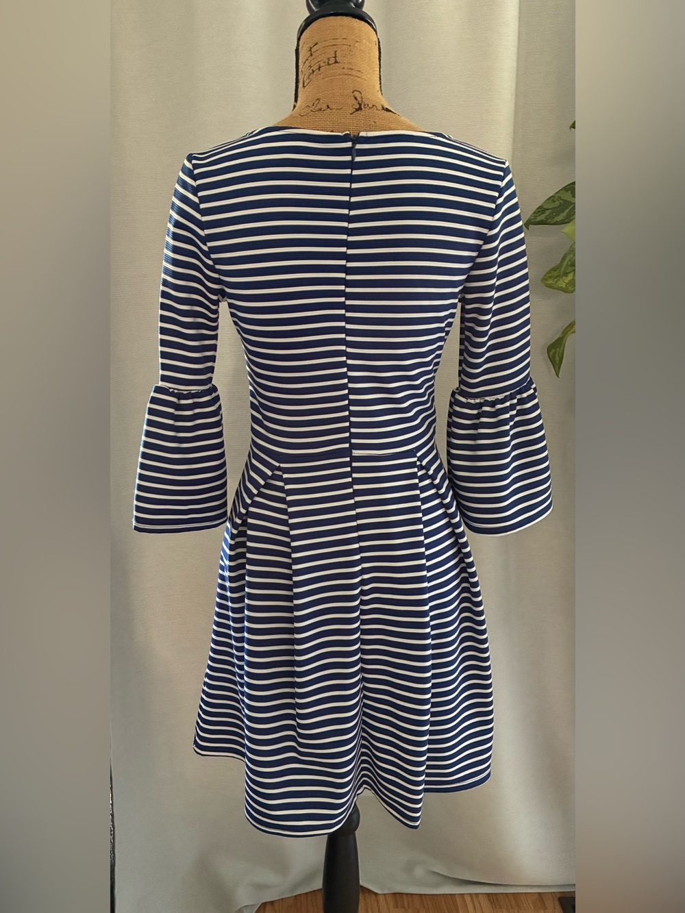 Altar'd State Navy and White Striped Fit-and-Flare Dress with Bell Sleeves - Picture 4 of 6
